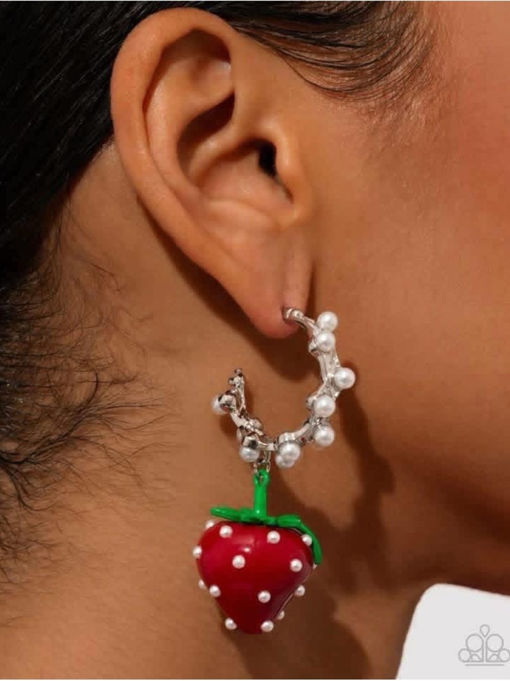 paparazzi Silver Pearl Hoop Earrings with Red Strawberry Pendant